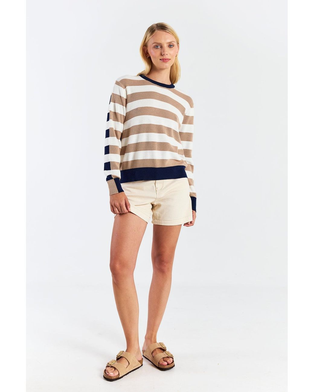 Brodie Cashmere White Mesh Stripe Crew
