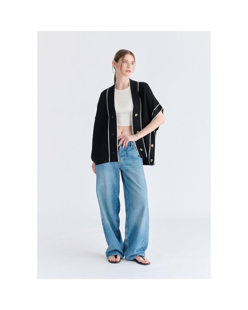 Paisie Black Button Details Kimono Ribbed Cardigan