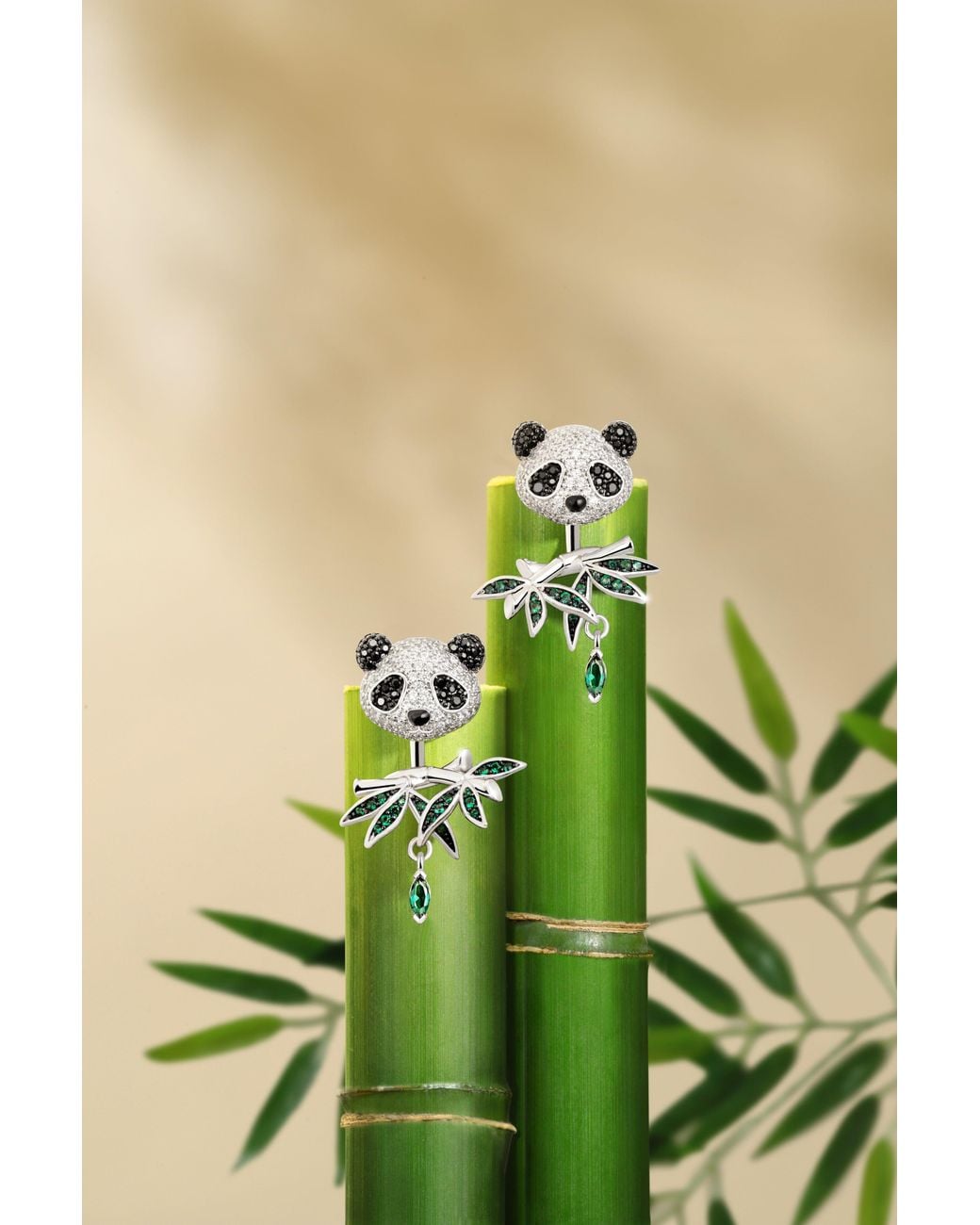 Arte Madrid Green Puffy Panda Convertible Stud Earrings With Drop Charms