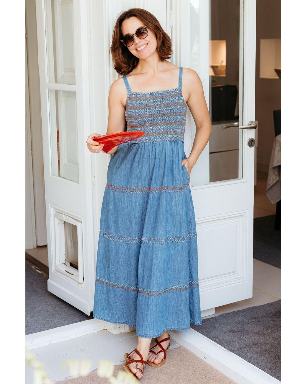 Sugarhill Blue Murren Shirred Midi Dress Washed Denim