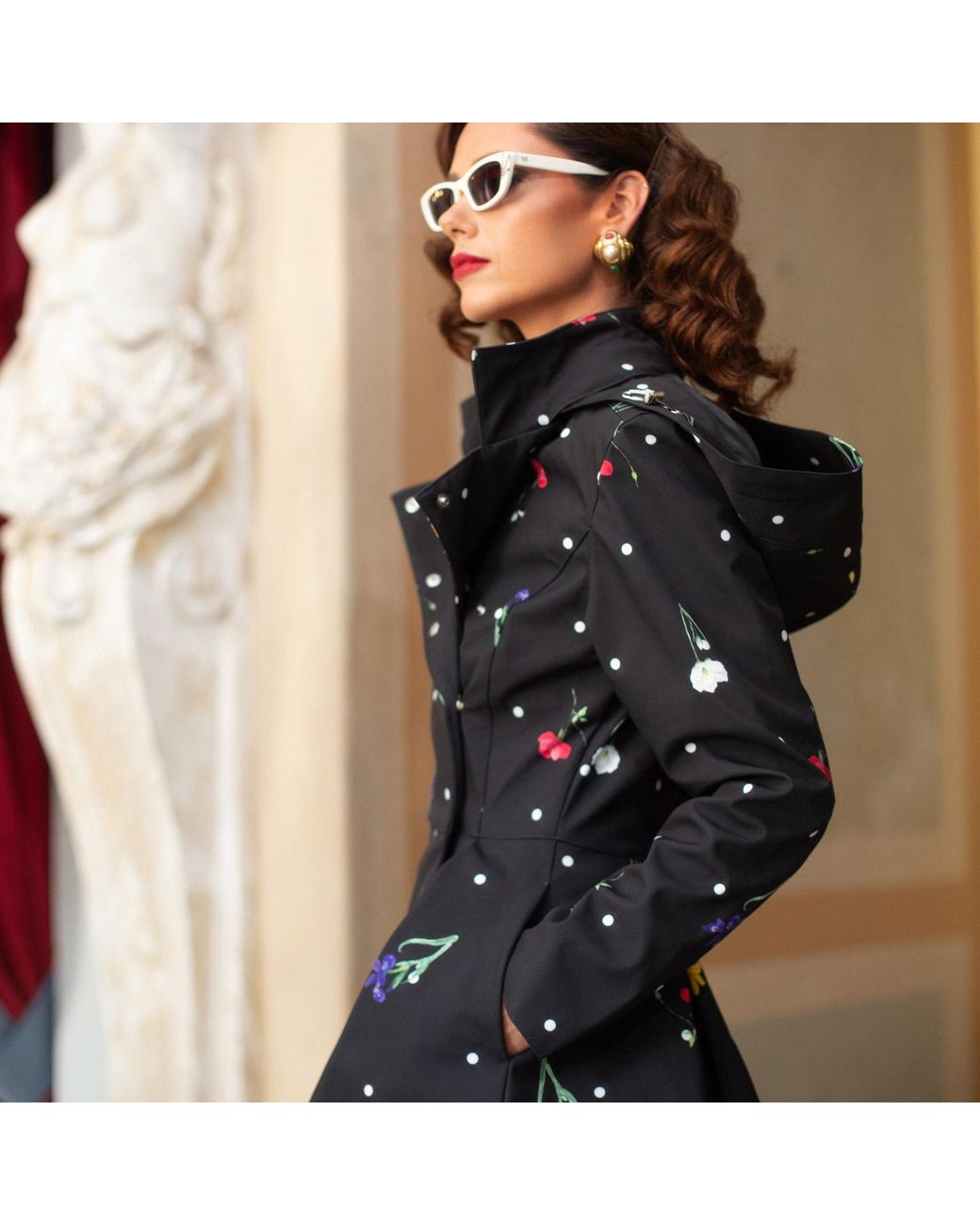 RainSisters Black Jacket With Detachable Hood And Flower Print: Cosmic Meadow
