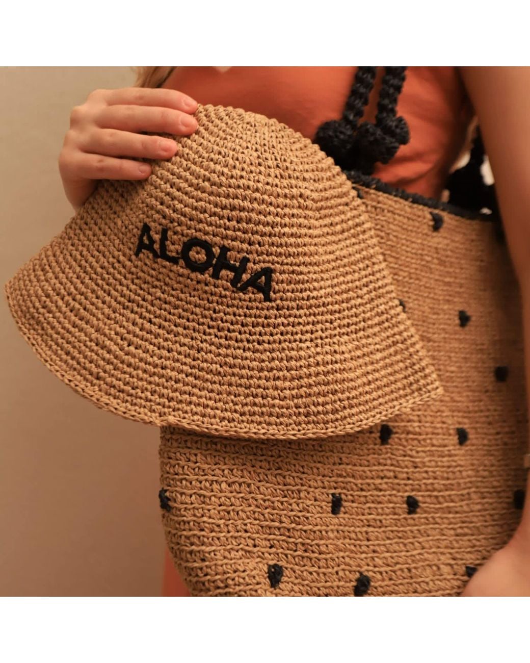 Springmoonatelier Brown Raffia Most Beautiful Polka Dot Beach Bag And Small Clutch Bag