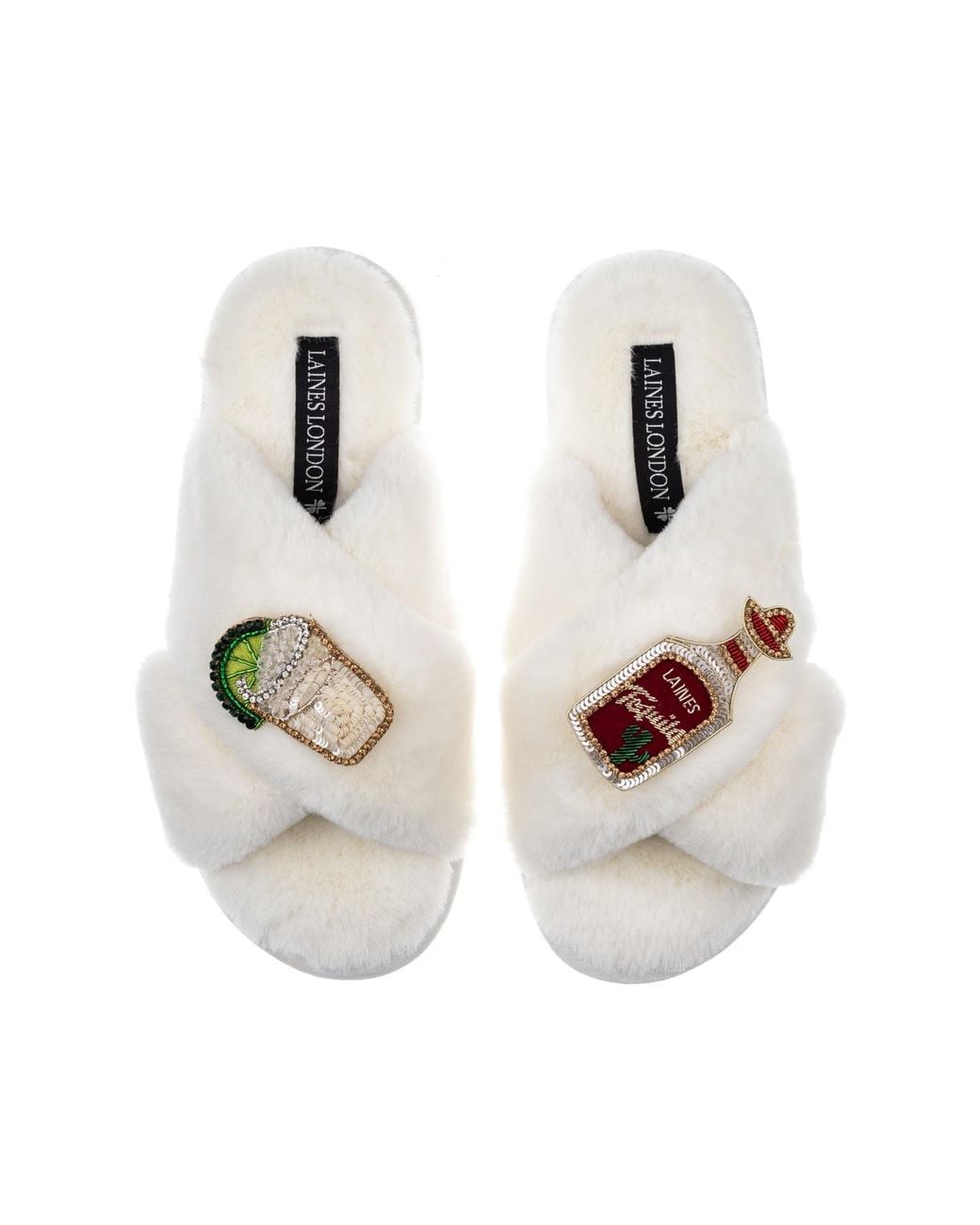Laines London White Classic Laines Slippers With Laines Tequila Slammer Brooches