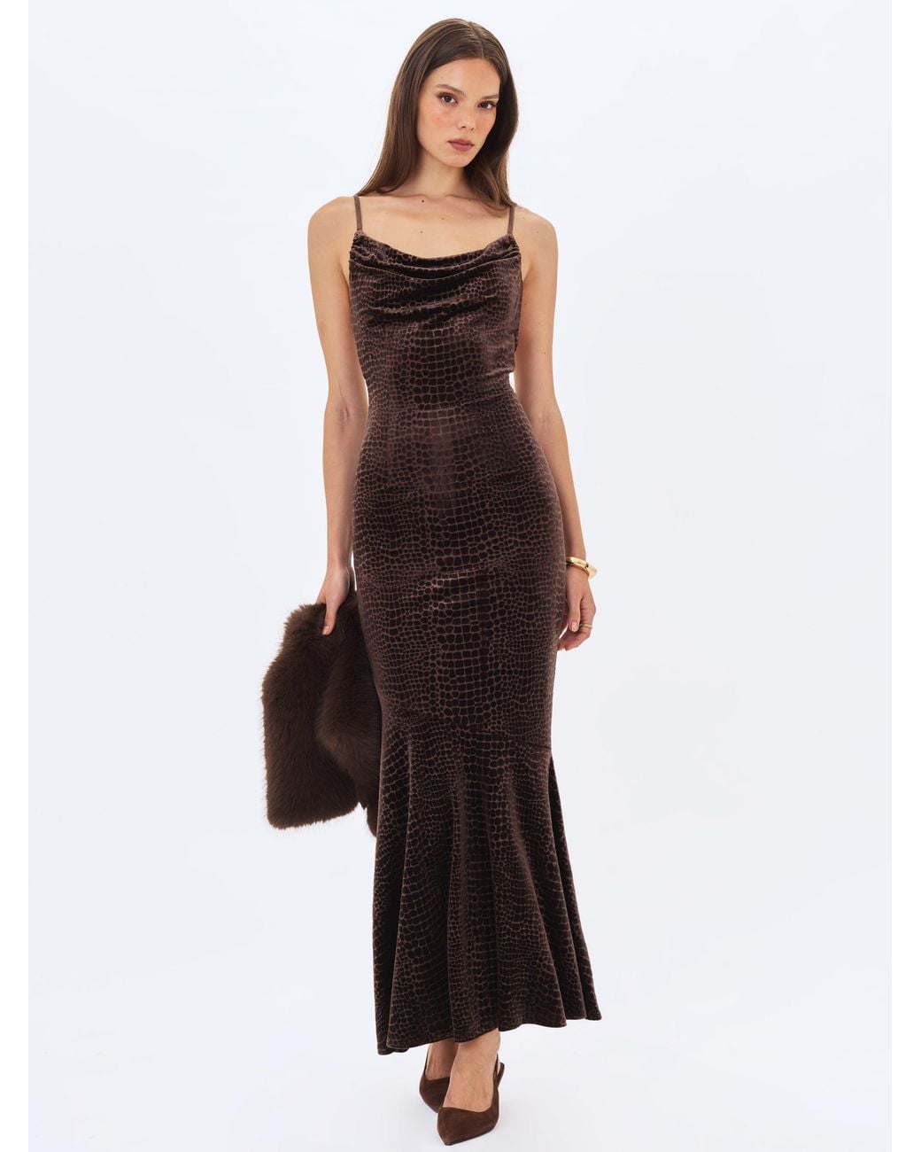 Miss Circle New York White Veronique Croc-Embossed Velvet Cowl Neck Mermaid Maxi Dress