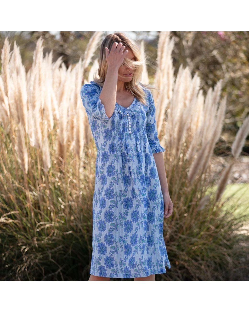 At Last Blue Cotton Karen Long Sleeve Day Dress