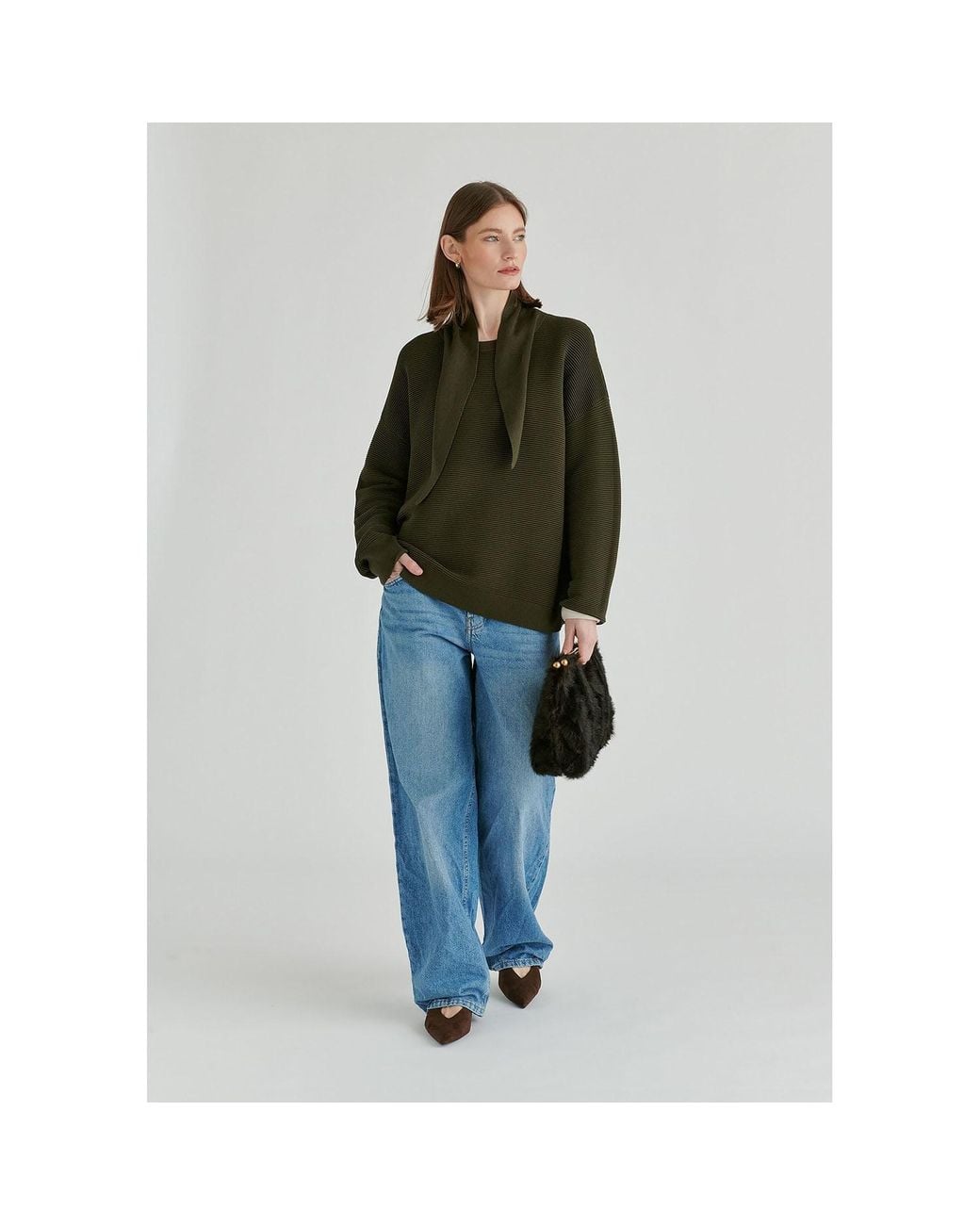 Paisie Green Ribbed Jumper With Attached Scarf Tie