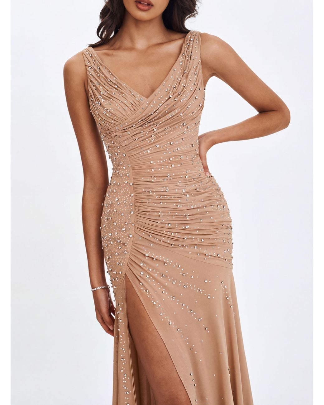 Miss Circle New York Brown Neutrals Viveca Apricot Crystal-Embellished Asymmetrical Ruched Maxi Dress