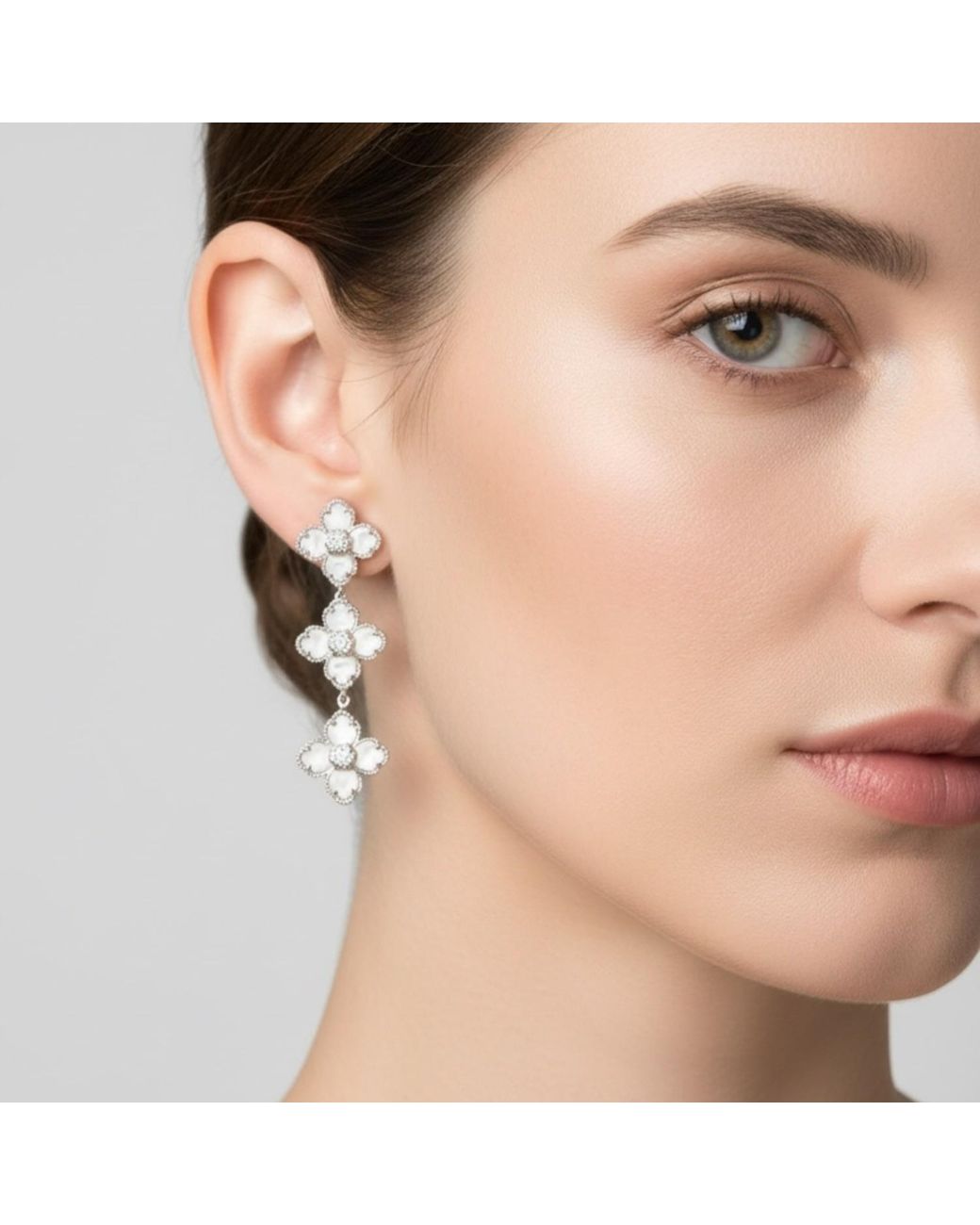 Latelita London White Flower Clover Triple Drop Earrings Mother Of Pearl