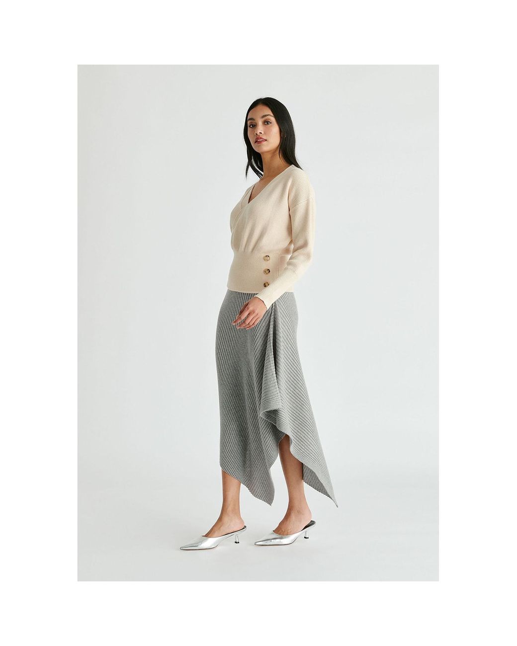 Paisie Natural Neutrals Knitted Wrap Top With Side Buttons
