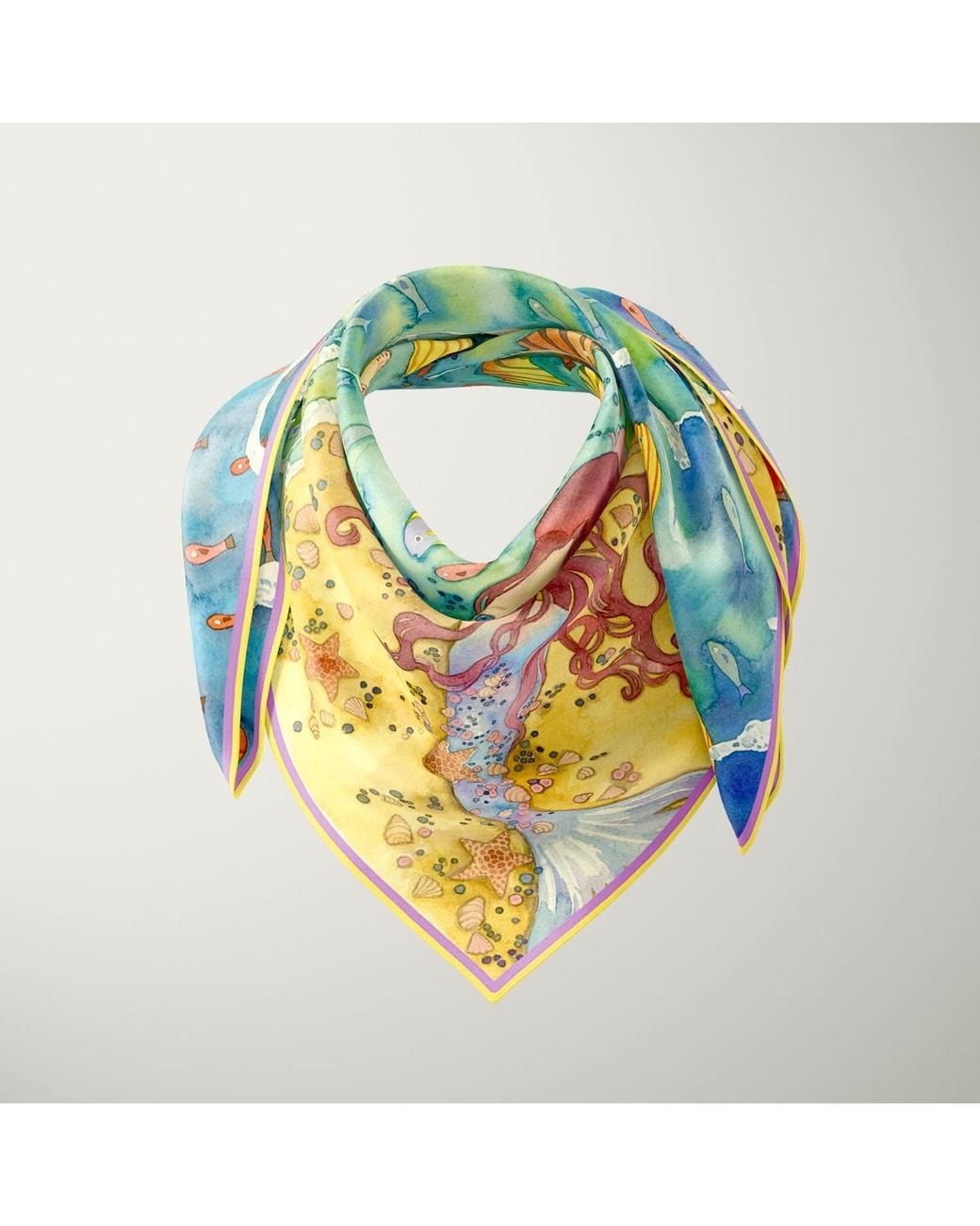 Wenzi Blue Aquatic Serenade Hand Painted Pattern Double Sided Silk Twill Scarf