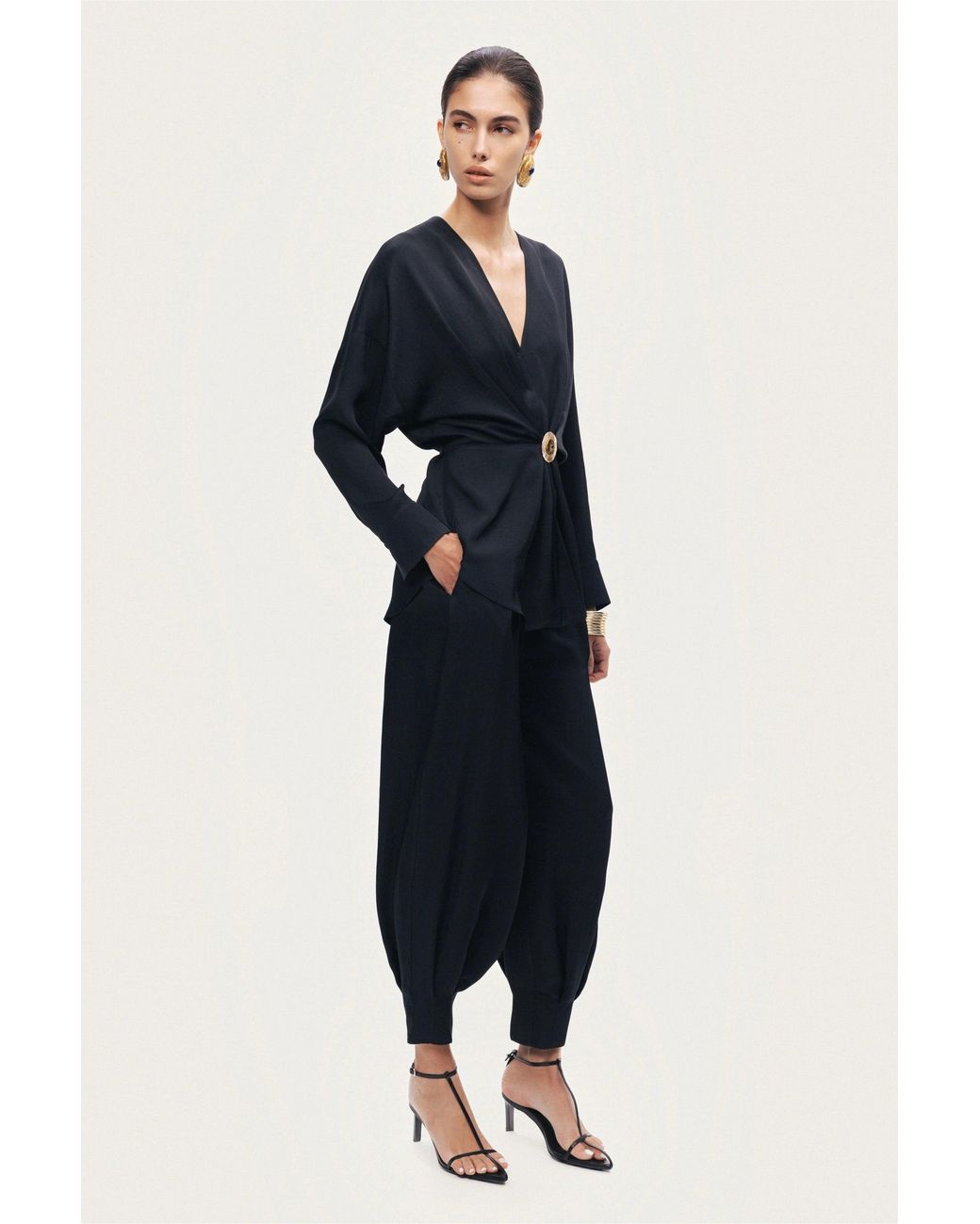 Nocturne Black Draped Buckle-Detail Shirt