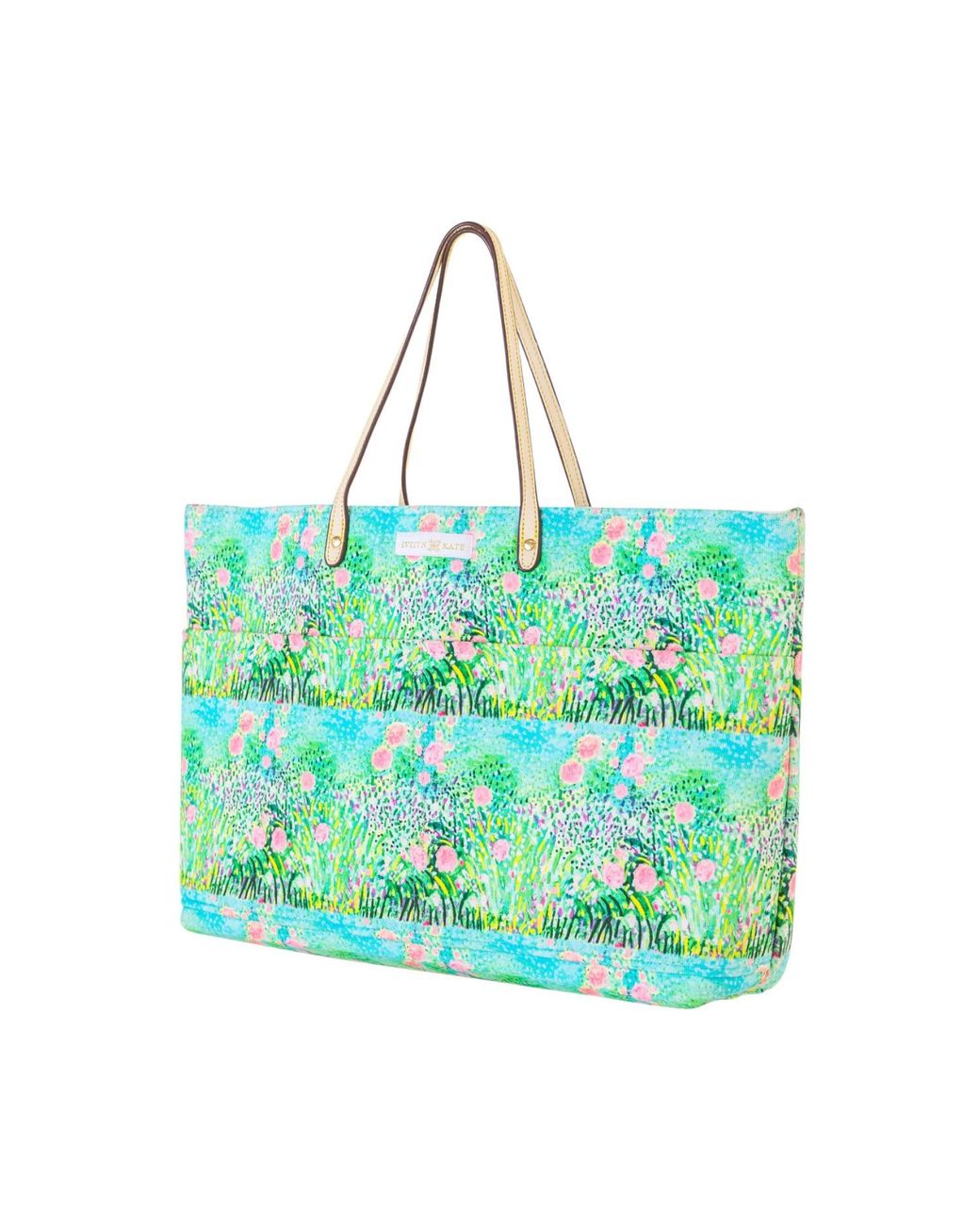 Evelyn & Kate Green Roses On Classic Canvas Tote With Leather Straps