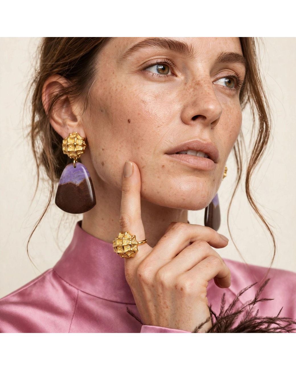 Jaredjamin Metallic Honeycomb Clip On Earrings With Jasper
