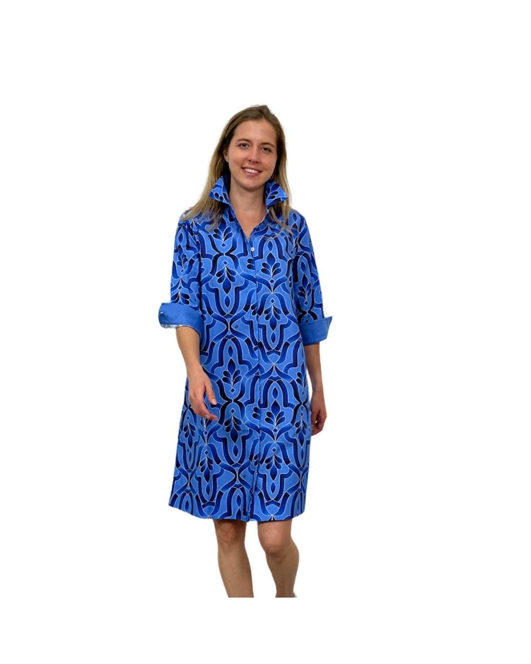 Perlavera Blue Clara Tile Cobalt Knee-Length Missy Fit A Line Dress