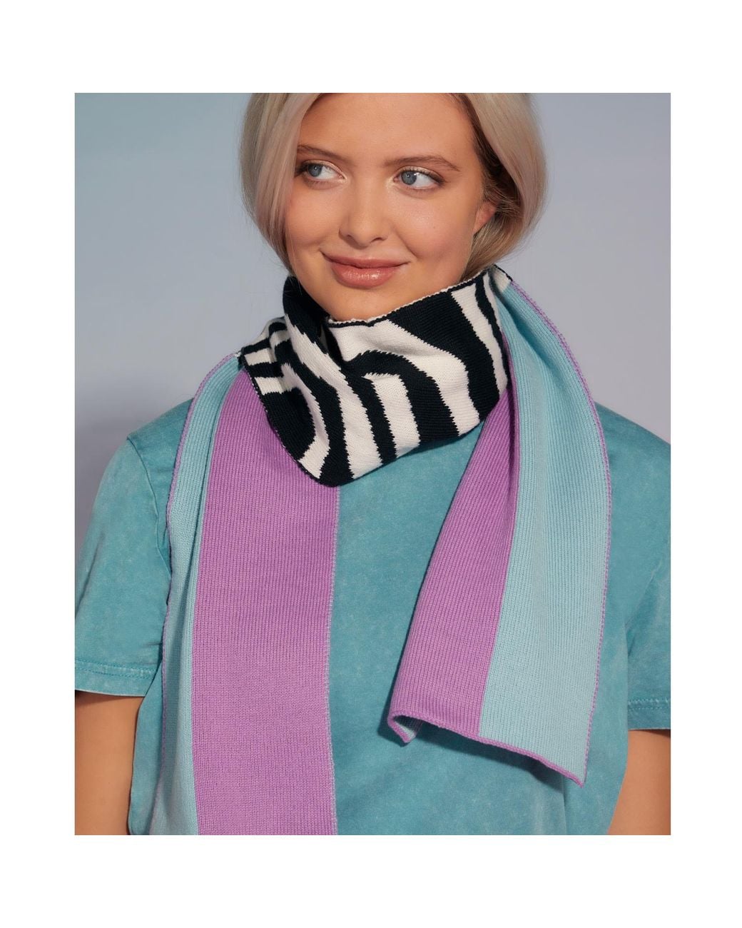 INGMARSON Purple Shapes & Stripes Wool & Cashmere Scarf Lilac & Turquoise