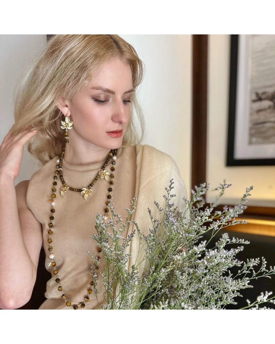 Farra Metallic Maple Leaves Tiger Eye Dangle Statement Earrings
