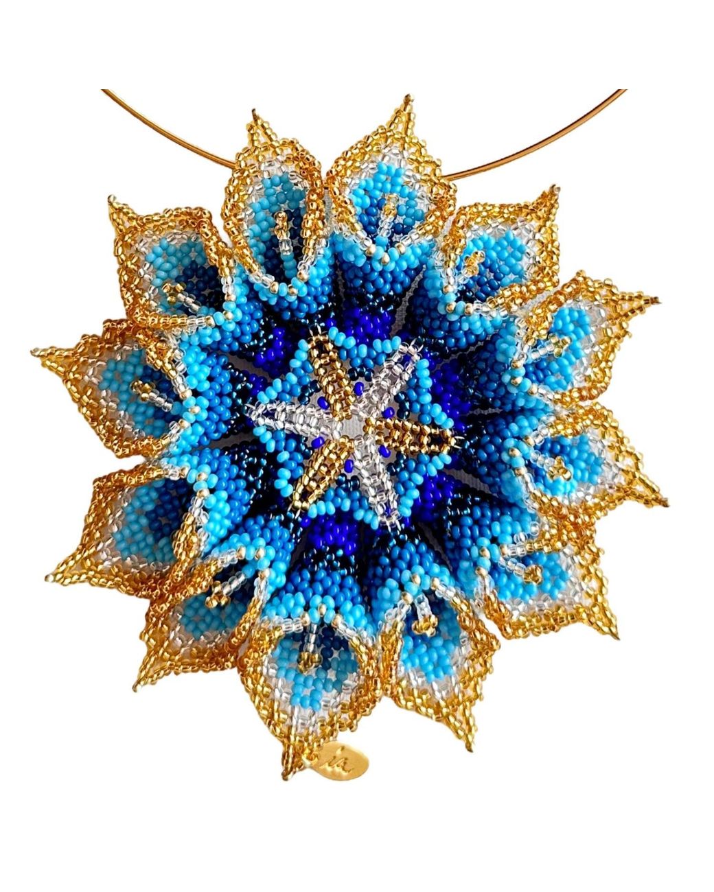 Iliana Arrazola Blue Dahlia Flower Choker, Glass Beads, Beaded Jewelry