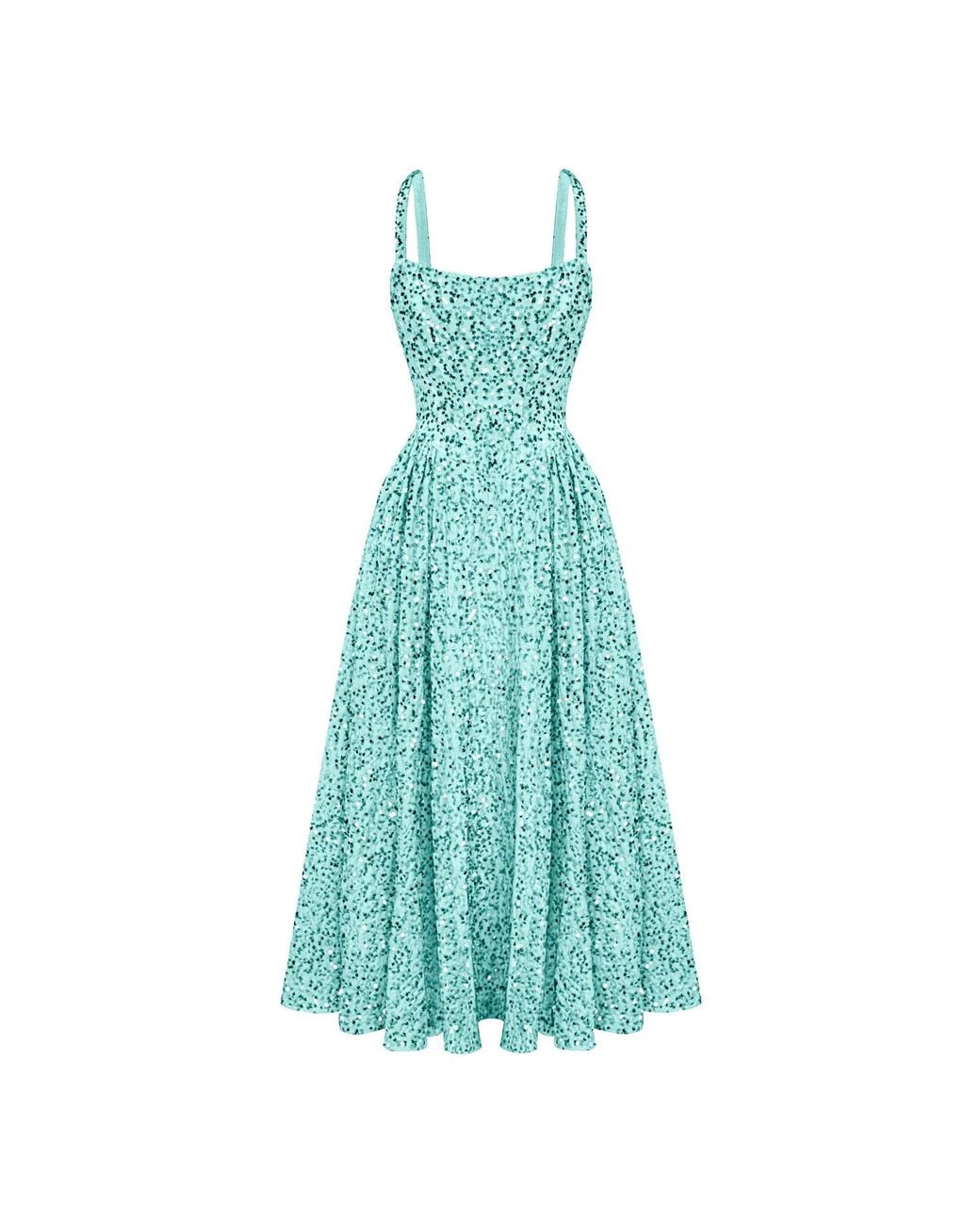 POST MERIDIEM Blue Menthol Tuck Corset Top Midi Dress