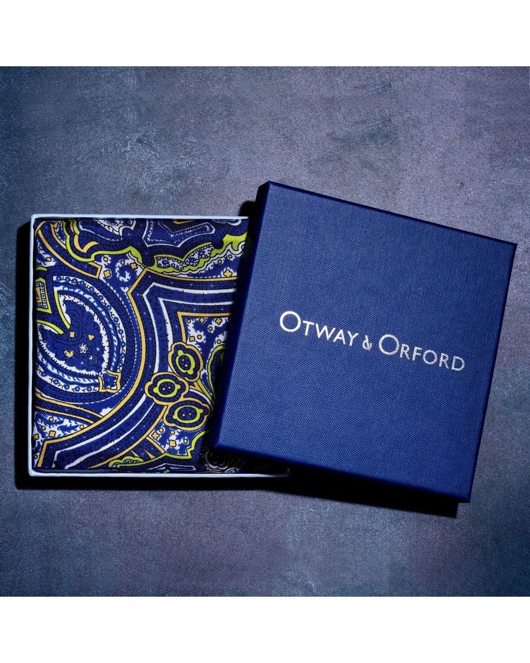 Otway & Orford Blue 'Labyrinth' Paisley Silk Pocket Square for men