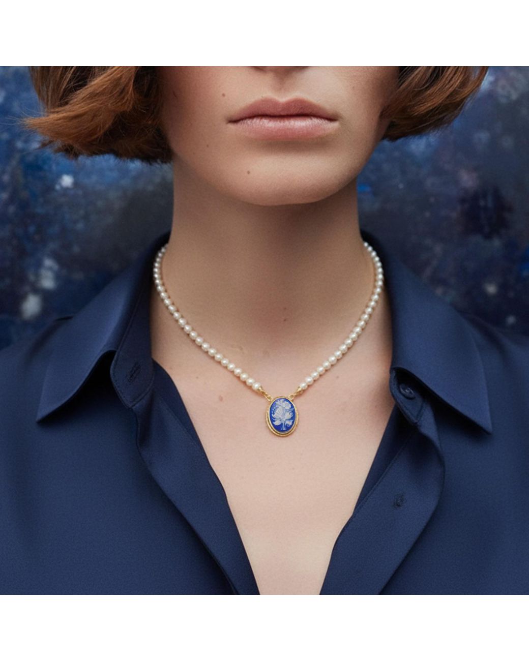 Vintouch Italy Blue Wildflower Cameo Necklace With Pearls
