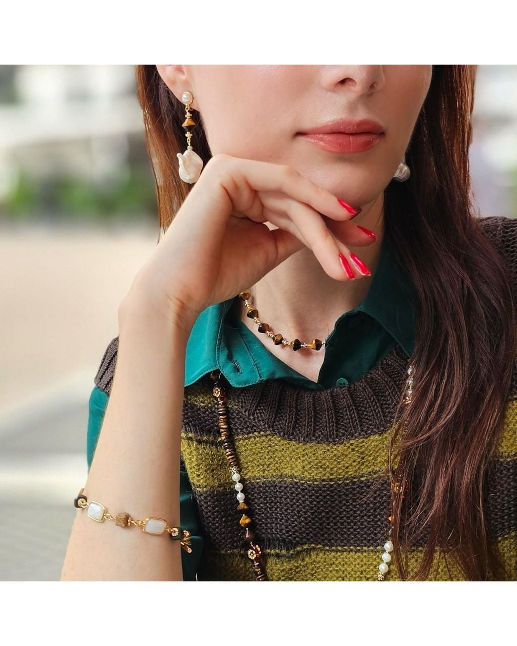 Farra Metallic Baroque Pearls With Tiger Eye Dangle Clip-On Earrings