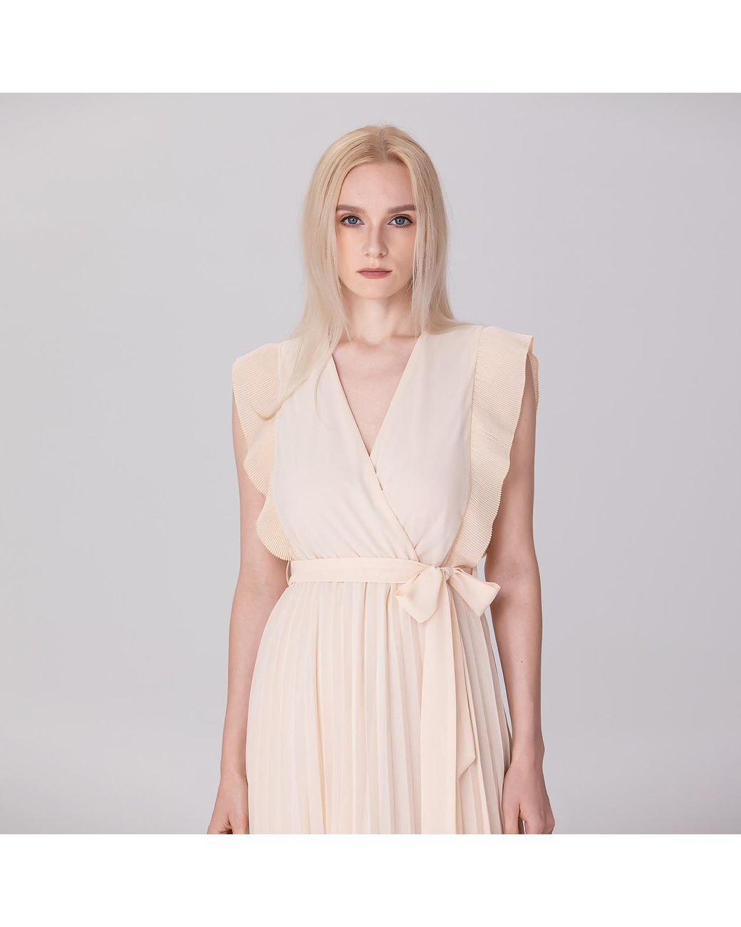Smart and Joy Natural Neutrals Pleats Ruffle Wrap Effect Dress