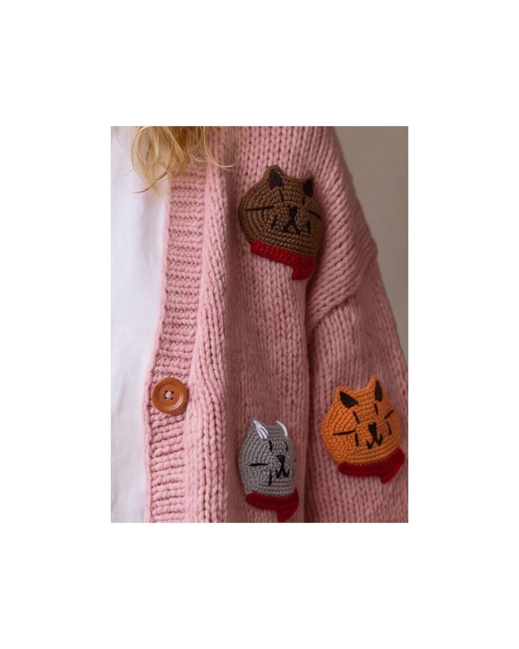 Ana Chic Pink Cat Motif Handmade Knitted Cardigan