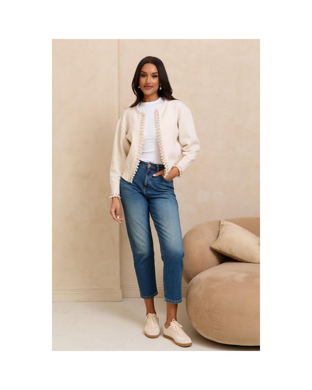 Saachi White Pearl & Crystal Trim Cardigan