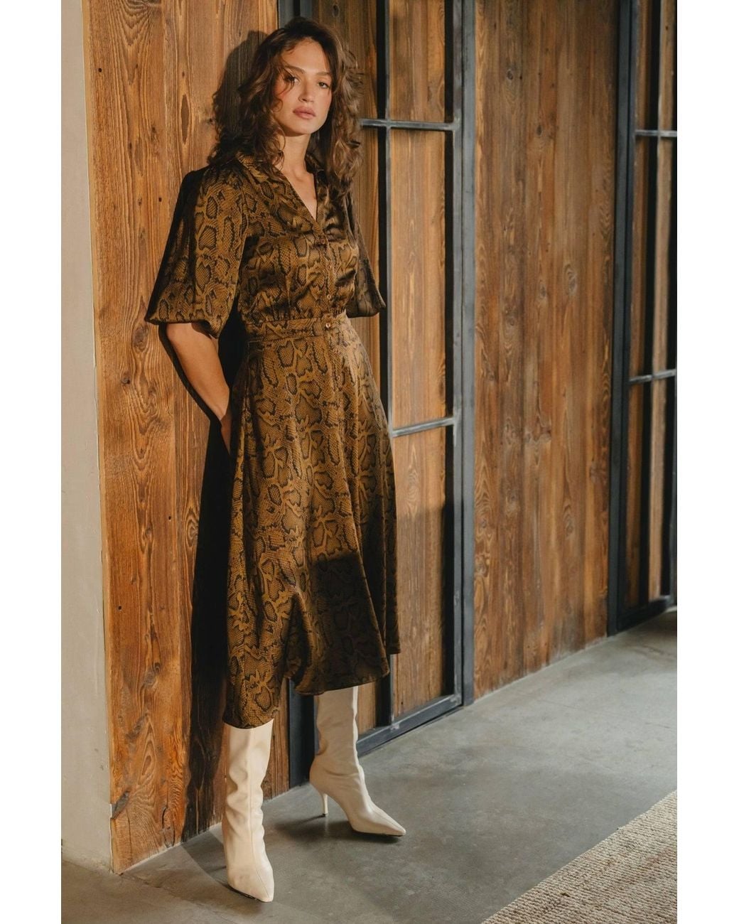 Traffic People Brown The Reimagined And Snakeskin Print Frida Midi Dress