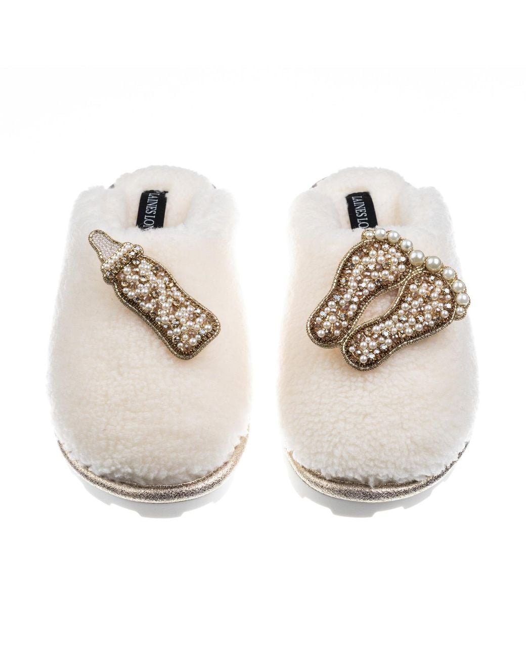 Laines London White Neutrals Teddy Closed Toe Slippers With New Baby Brooches