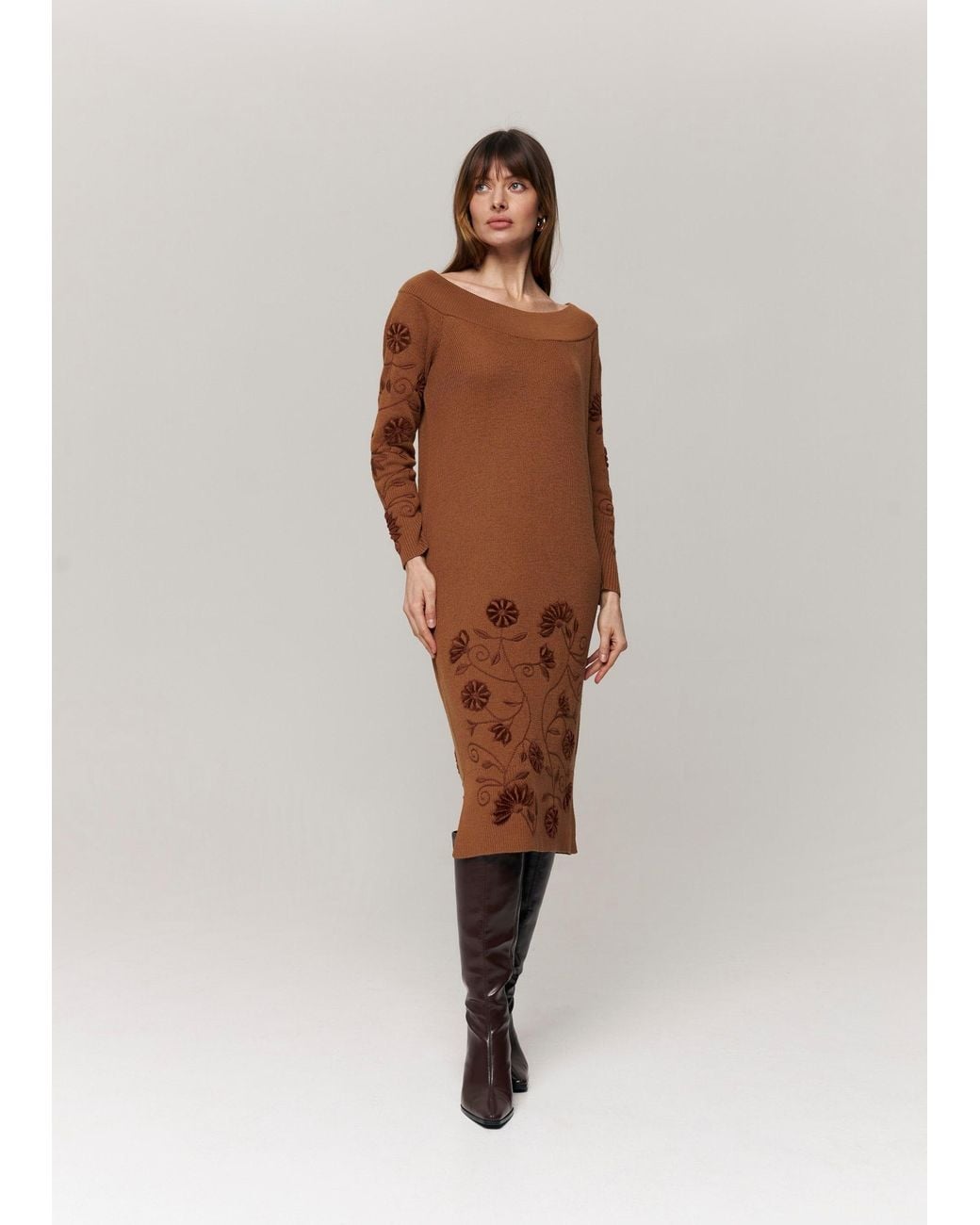Annabo Brown Etherea Merino Wool Knit Midi Dress