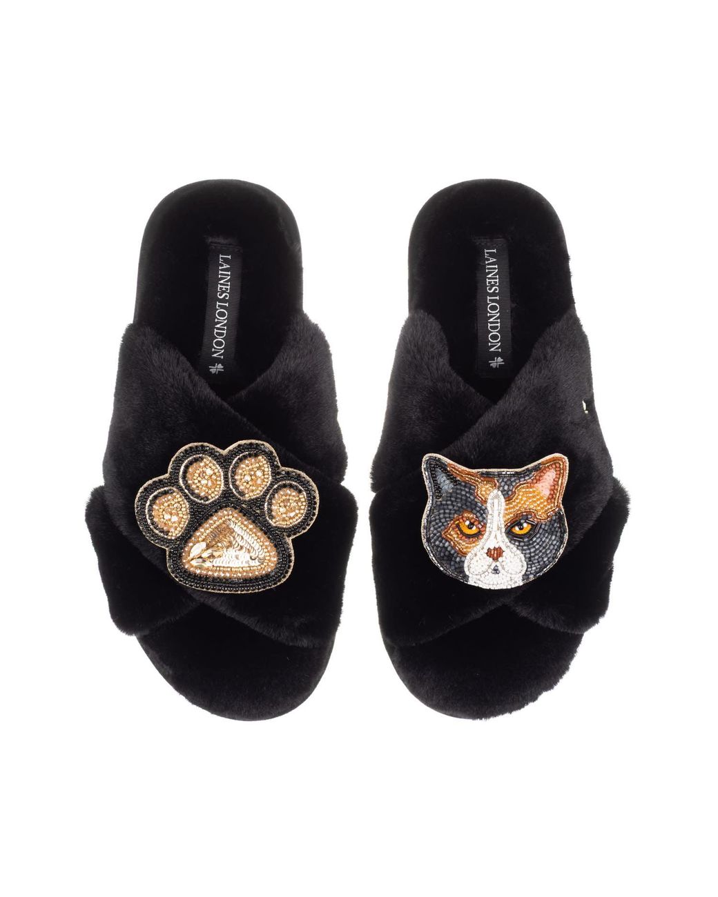 Laines London Blue Classic Laines Slippers With Paw & Calico British Shorthair Cat Brooches