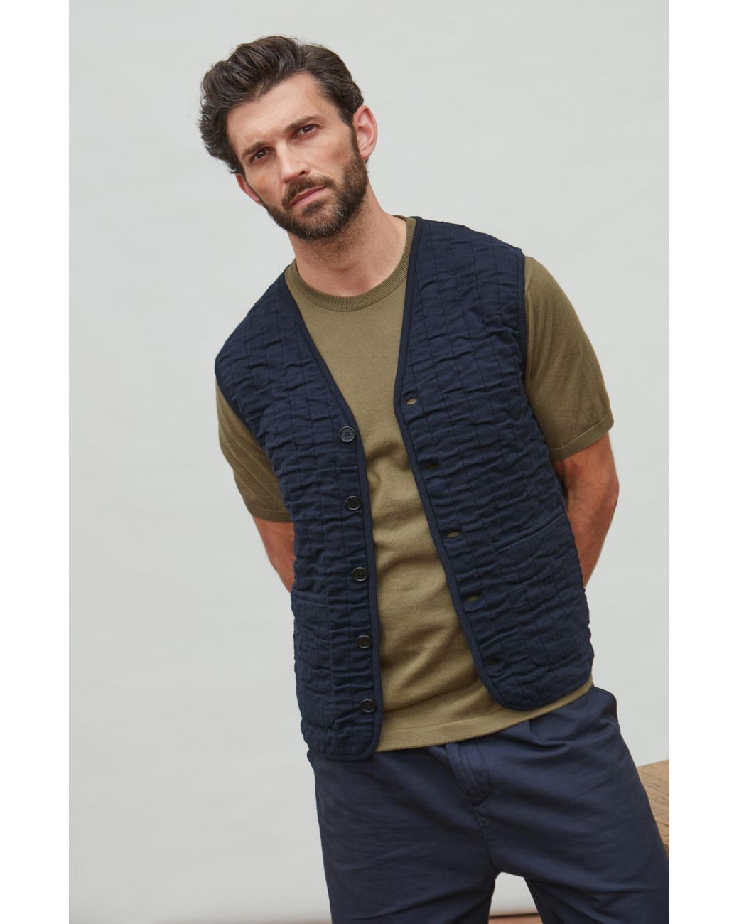 Paul James Knitwear Blue Cotton Forrester Quilted Knitted Gilet for men