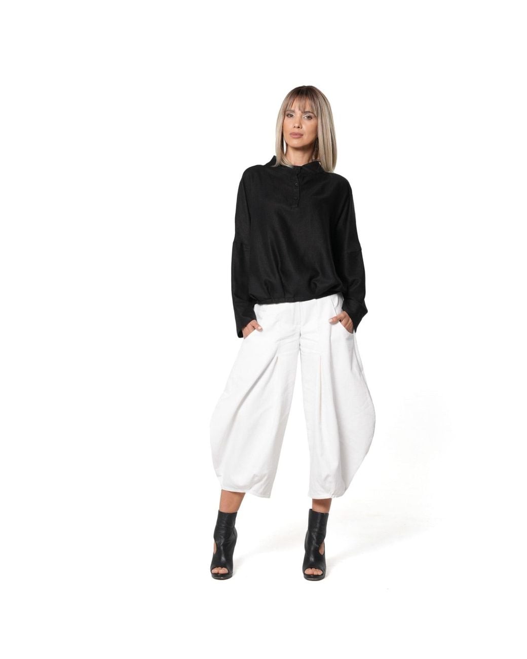 Metamorph Black Oversized Blouse With Stand Collar And Gathered Hem