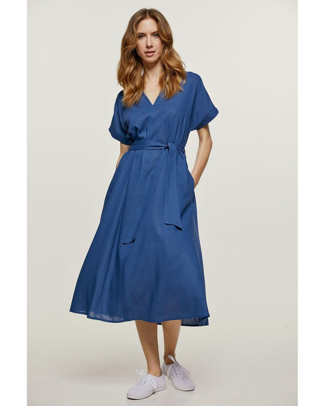 Conquista Blue Linen Style Belted Midi Dress