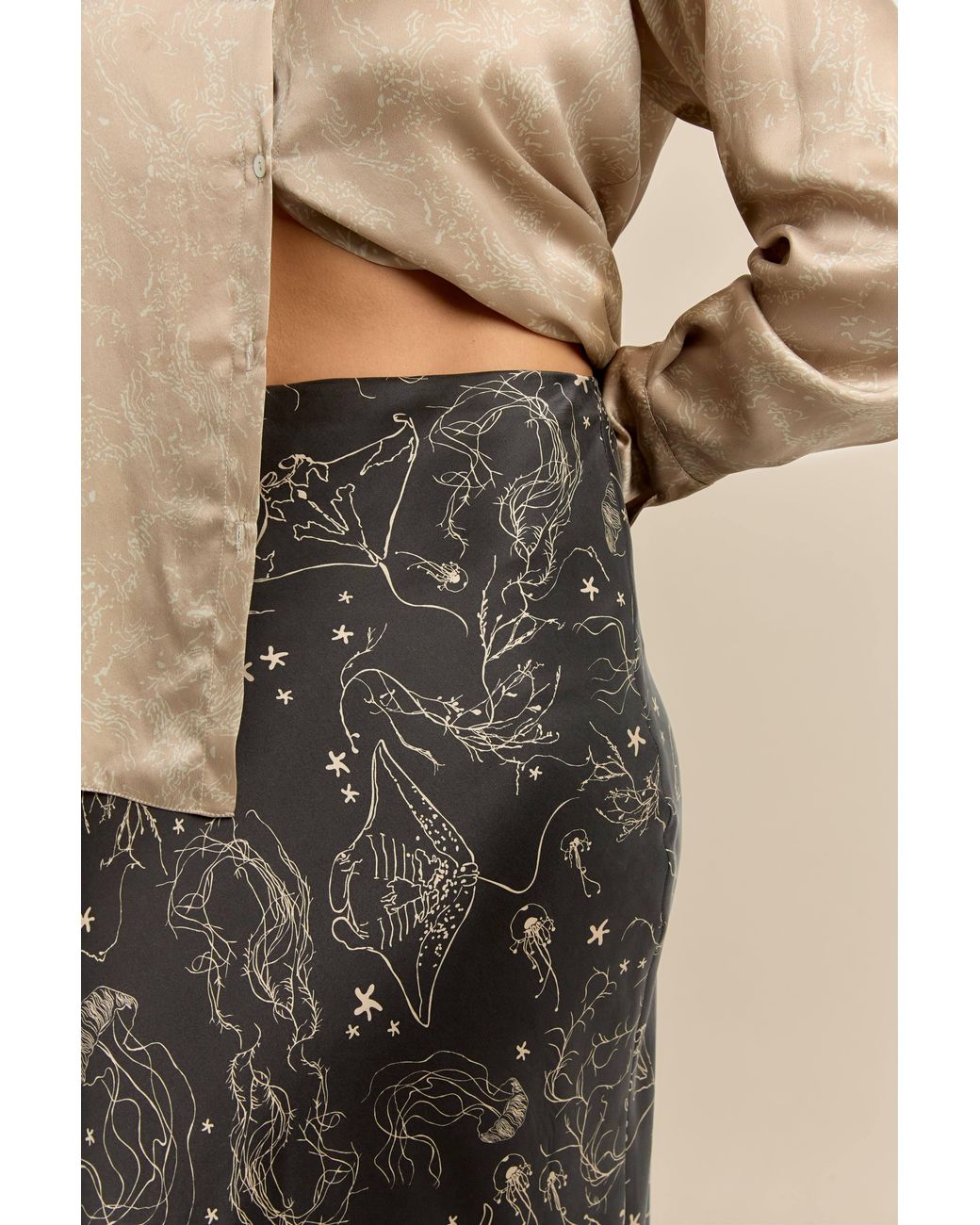 Lily Rou Black Ray Silk Midi Slip Skirt