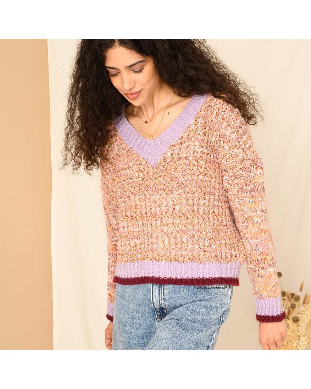 Cara & The Sky Pink Amy V-neck Cable Jumper