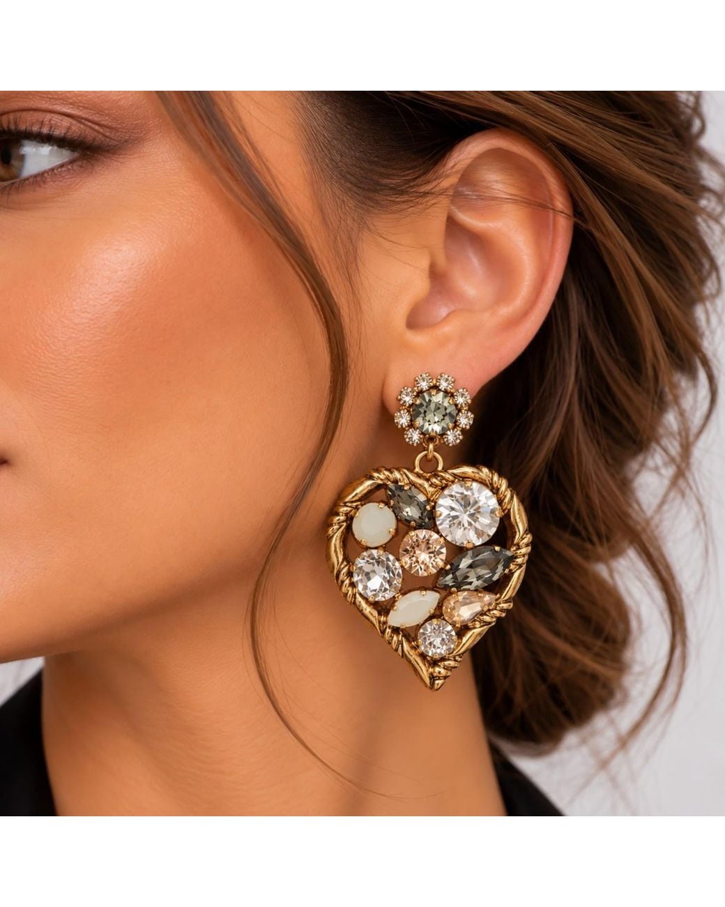 Vstyle Metallic Crystal Heart Statement Earrings