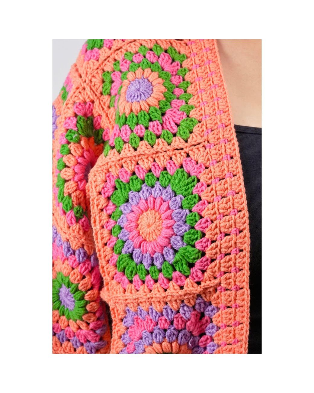 Ana Chic Red Coral Granny Square Handmade Crochet Cardigan