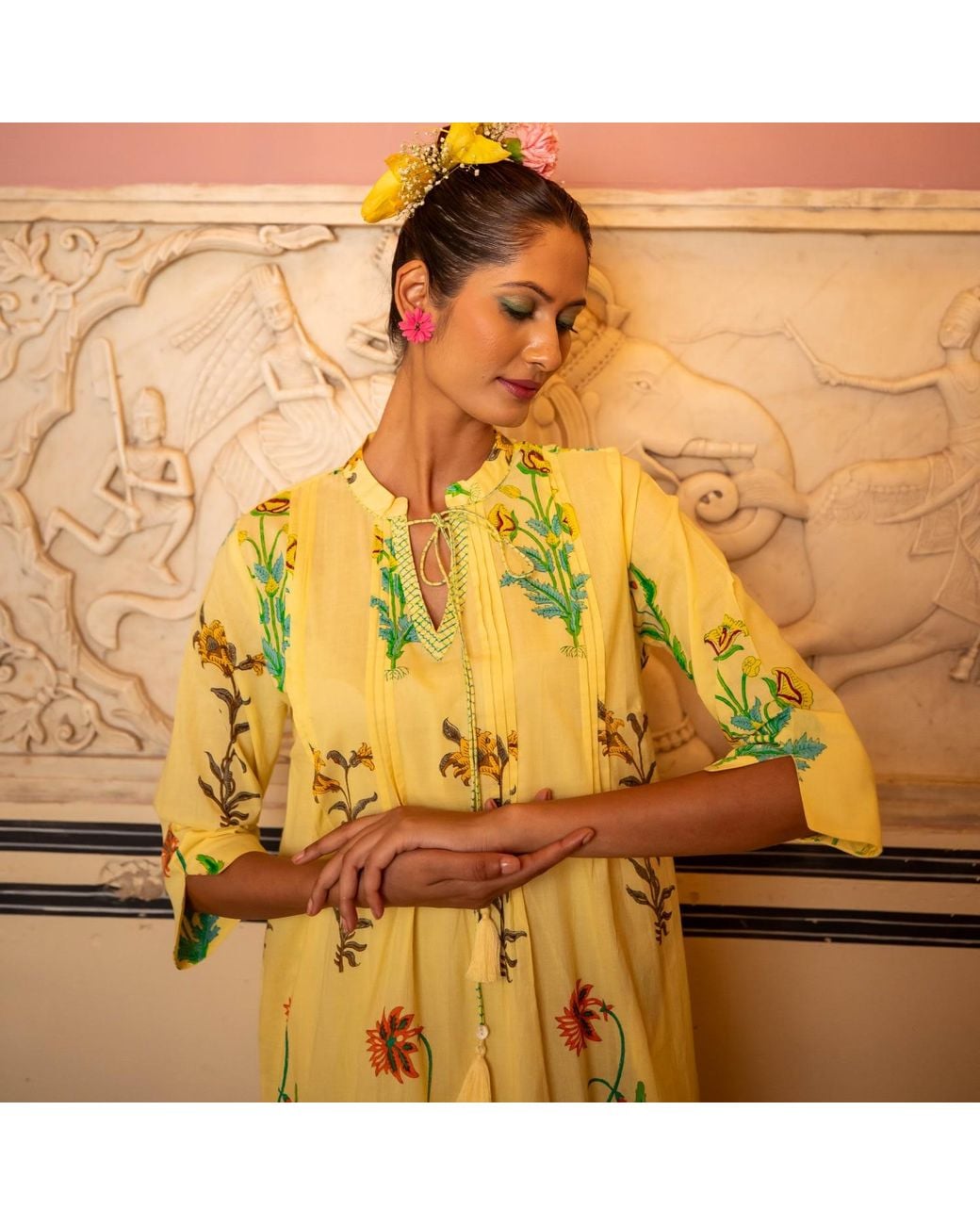 NoLoGo-chic Green Botanical Tassel Kurta Cotton Lemon Popcorn