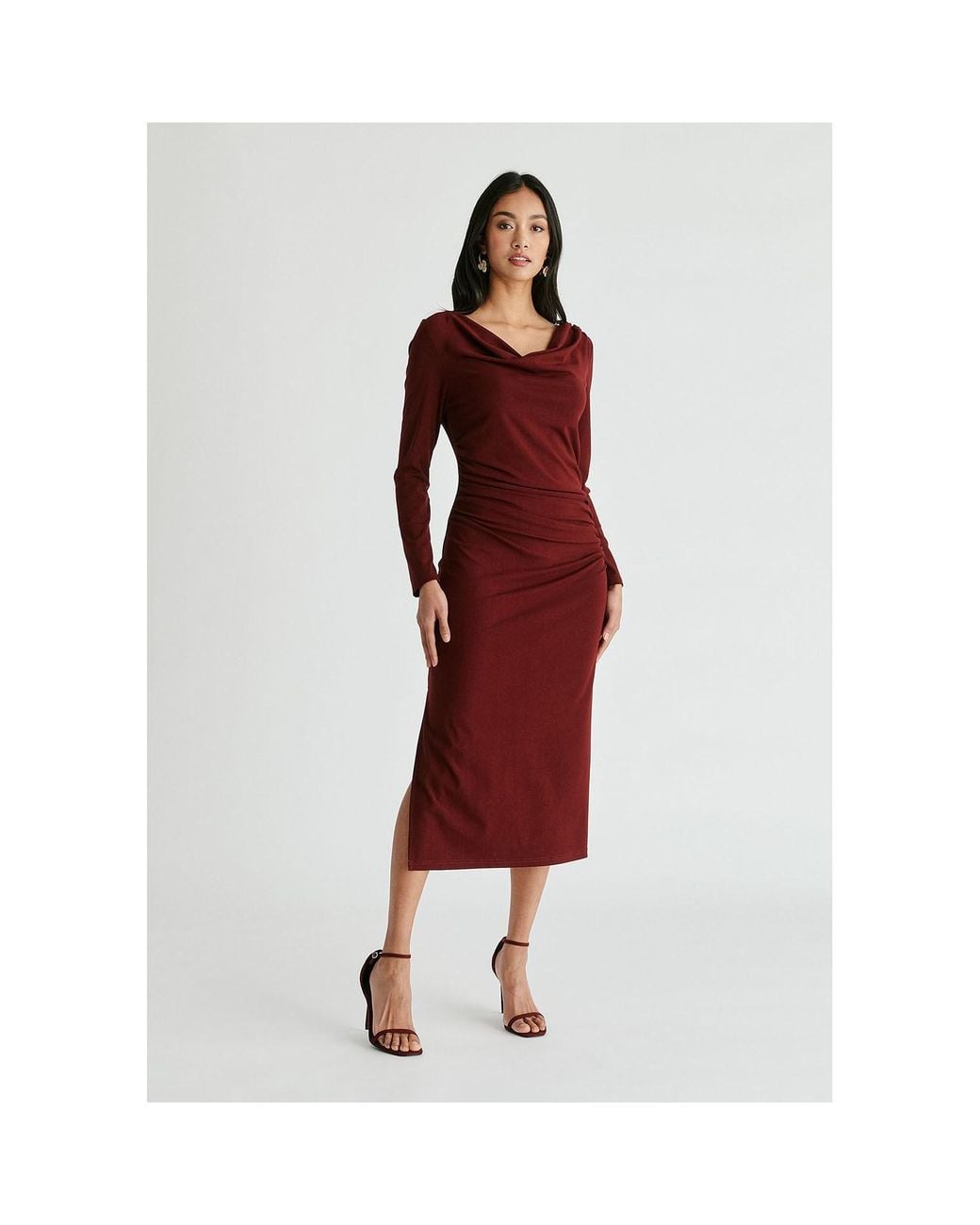 Paisie Red Ruched Jersey Dress With Draped Neck