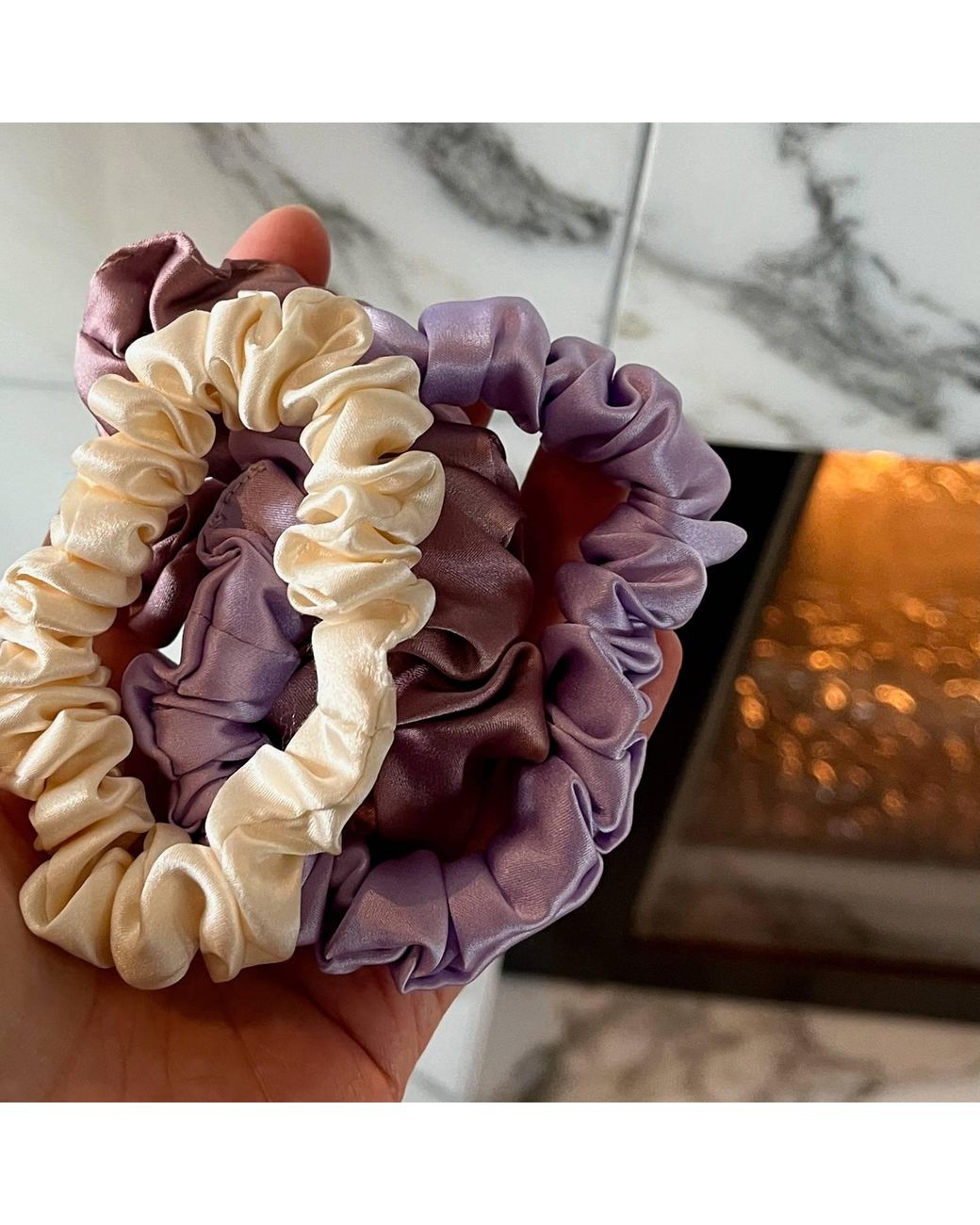 Soft Strokes Silk Multicolor Set Of Three Pure Mulberry Silk Mini Scrunchies Weekly Special Hair Ties Hyacinth Bouquet