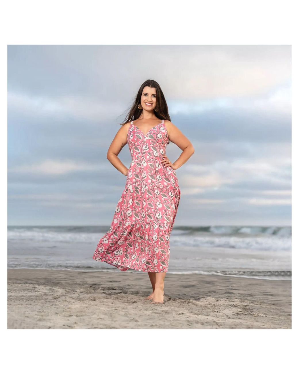 House of Gl Pink Elira Cotton Sweetheart Neckline Midi Dress With Smocked Back