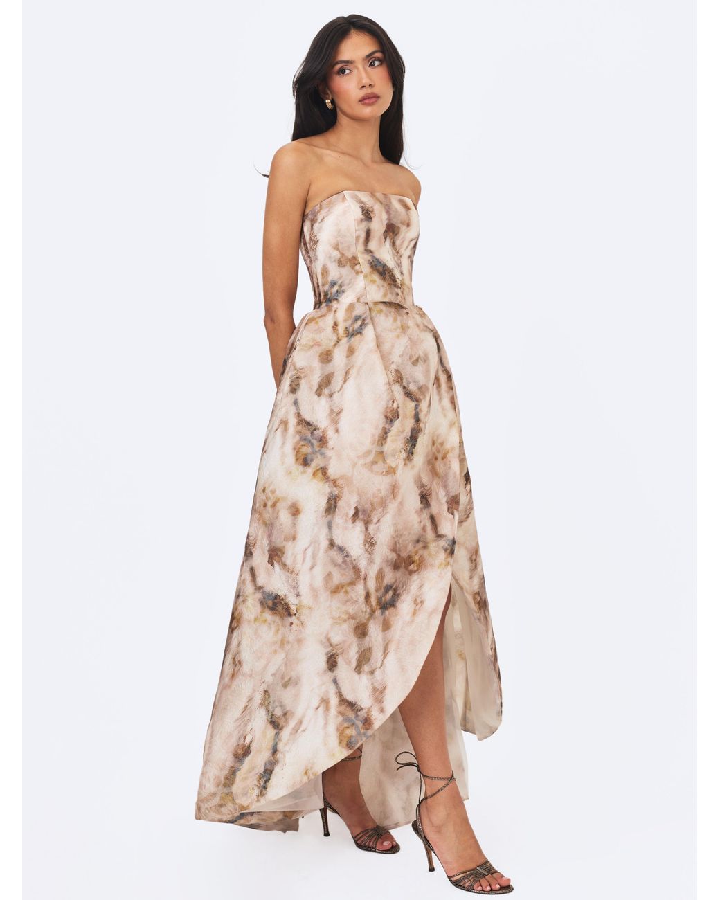 Miss Circle New York Natural Neutrals Micaela Camel Watercolor Jacquard Chiffon Dipped Hem Gown