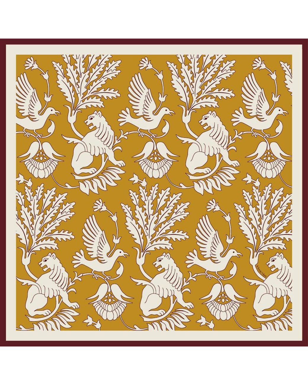 Artemis Muse Metallic Regal Doves & Lions Wine & Mustard Luxury Silk Scarf