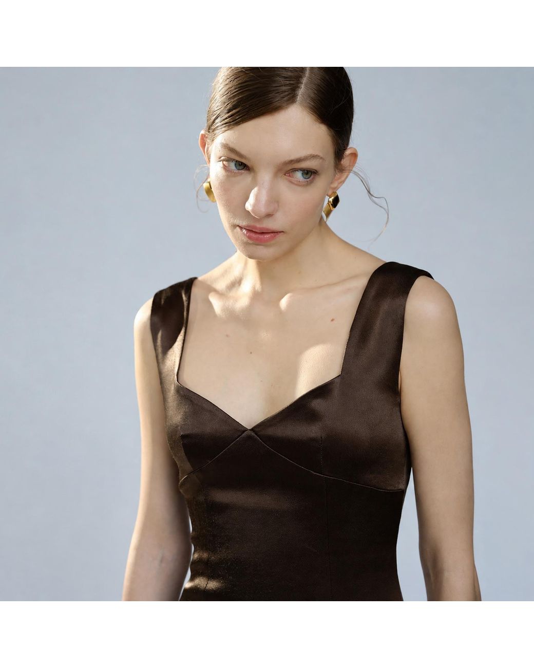 Belsize25 Brown Golden Time Dress – Heavyweight Satin Sweetheart Mini Dress