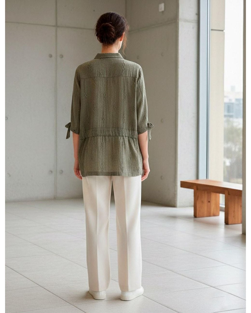 Conquista Green Textured Tunic Shirt With Tie Sleeves