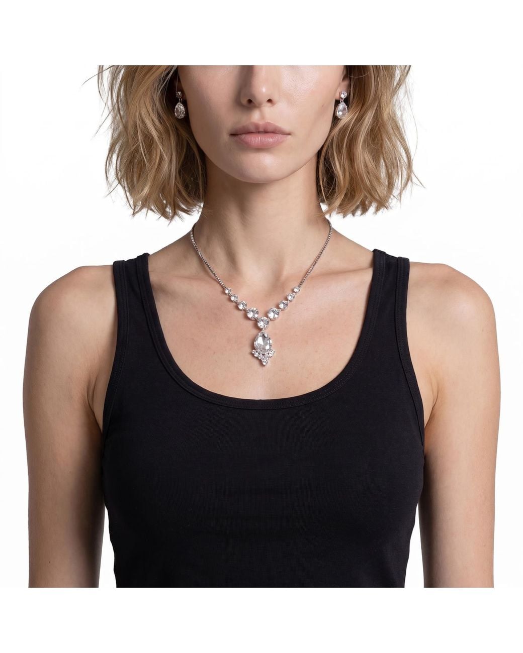 Modenaire Metallic Elegant Teardrop Crystal Necklace Earrings Set