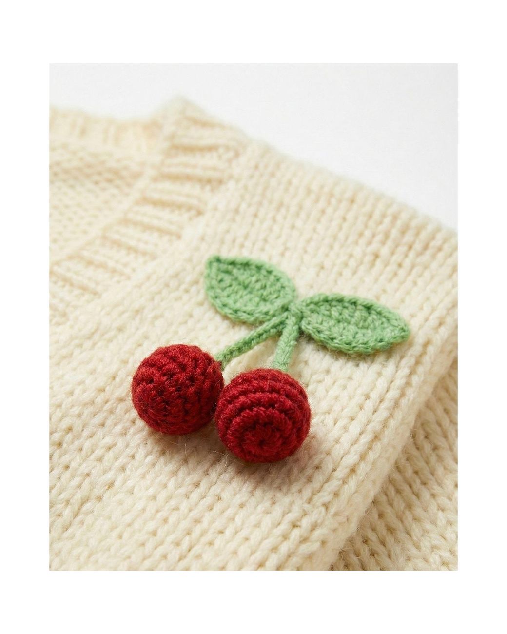 Ana Chic Green Neutrals Cherry Motif Handmade Knitted Cardigan