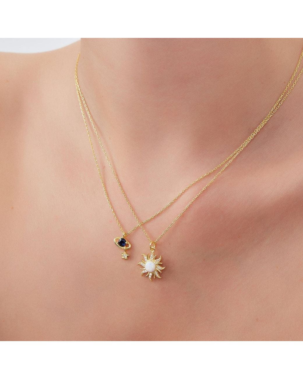 Spero London Metallic Opal Sun & Sunburst & Saturn Necklace Layering Set